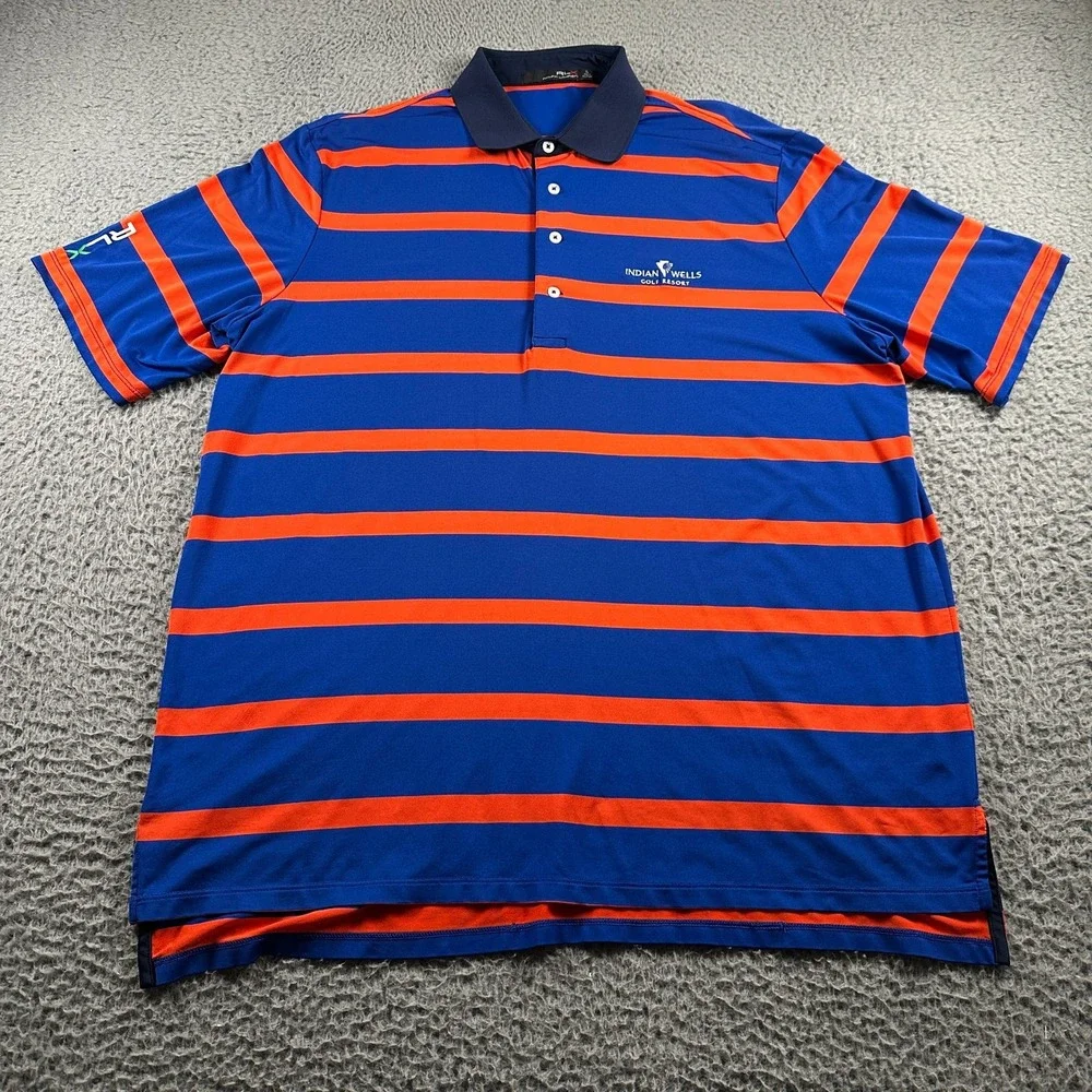 Ralph Lauren RLX Polo Mens XL‎ Blue Orange Striped Indian Wells Golf Shirt Tech